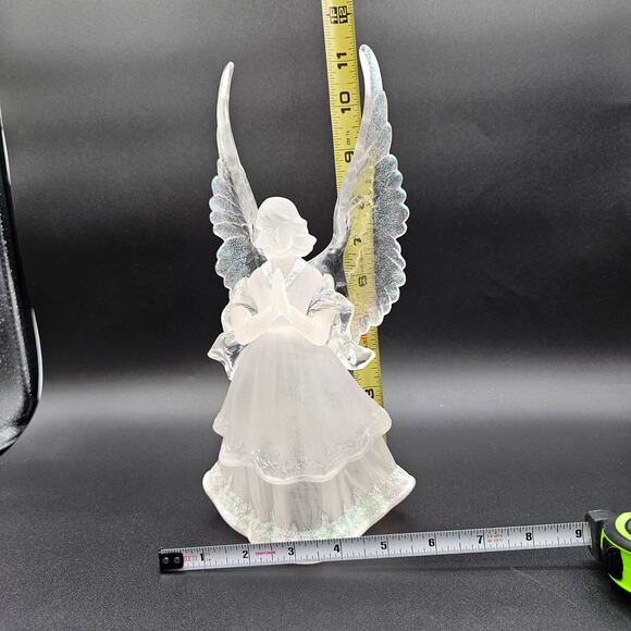 Vintage Frosted Angel Figurine Clear Wings Praying Glitter Accents Layered Dress - Picture 9 of 10